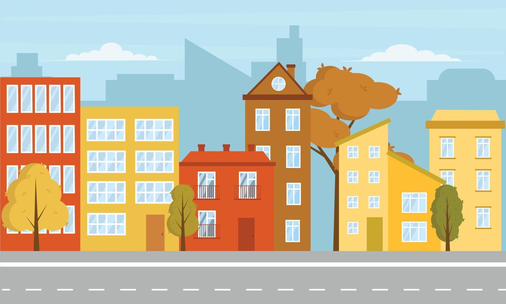 Cartoon illustration of City building houses with road. Flat design. Autumn in city on the street vector