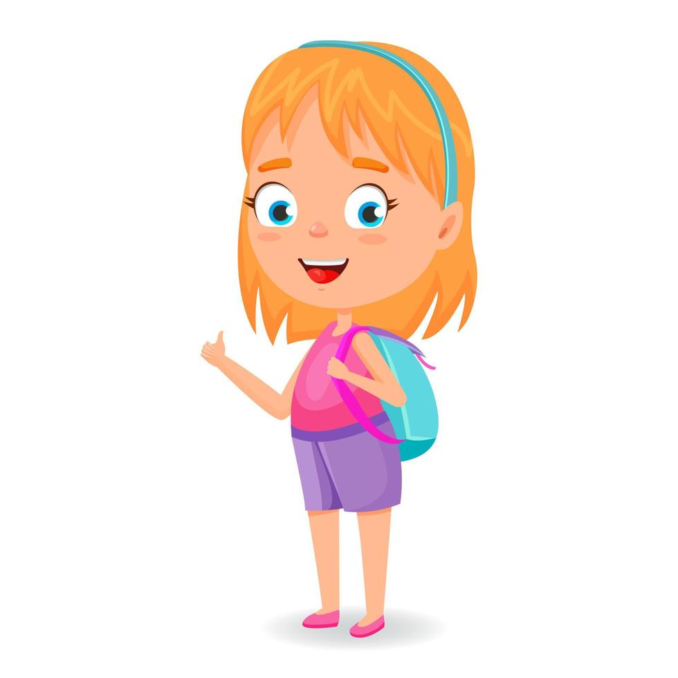 colegiala con mochila va a volver a la escuela. hora de la Escuela. lindo personaje de dibujos animados vectoriales para libros, pancartas, certificado. vector