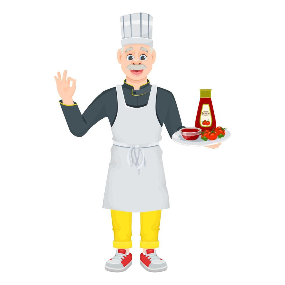 The smiling old chef holds in his hand a silver dish with a bottle of ketchup. Vector cartoon illustration isolated on a white background.
