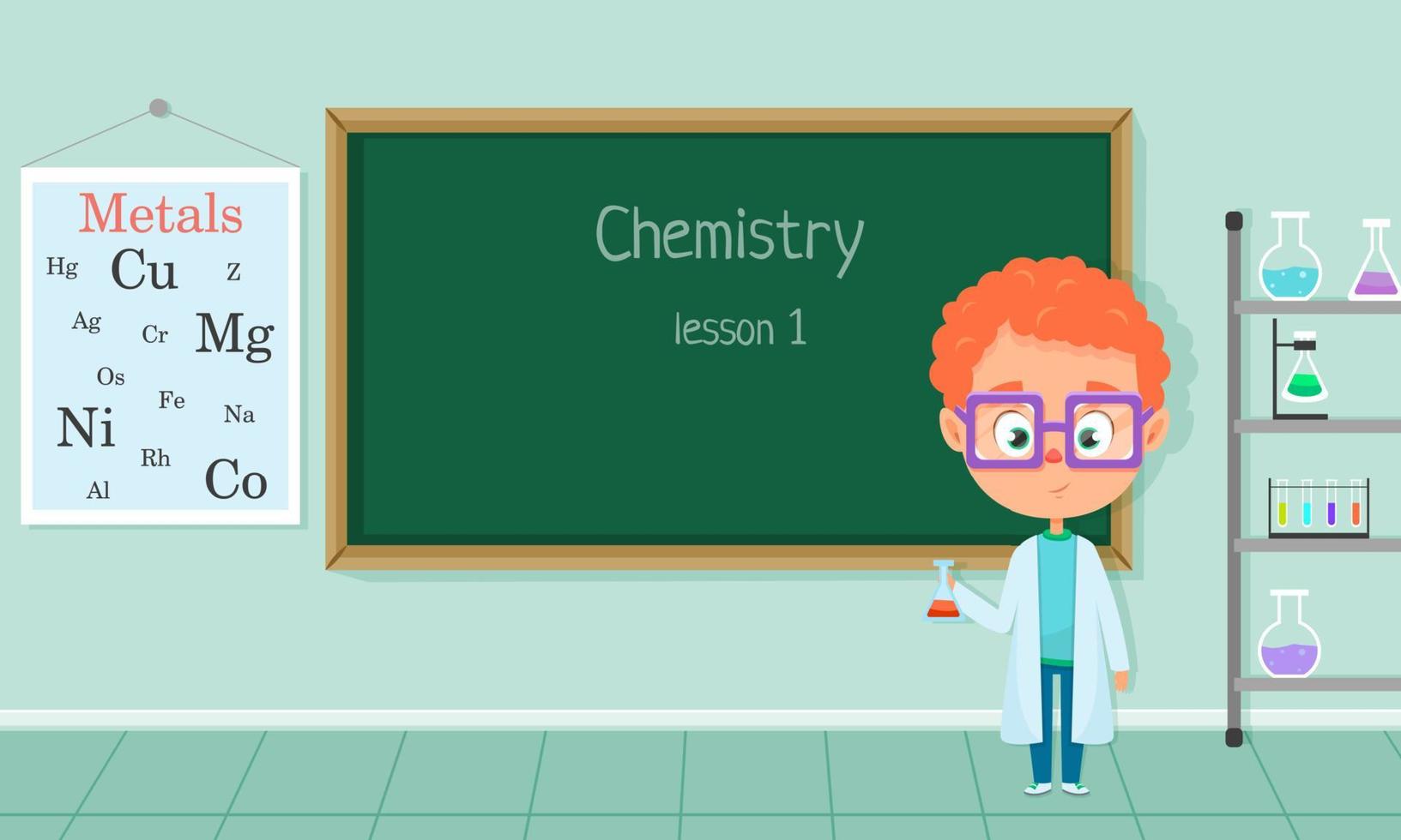 Cartoon boy scientist holding a flask in laboratory. Little chemist. Vector scene for games, apps or web design.