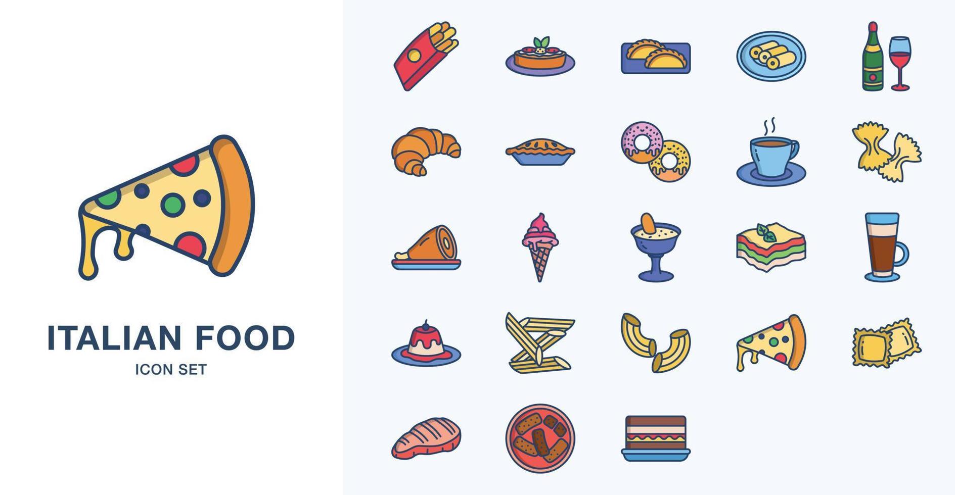 Italian food linear coloured icon set vector