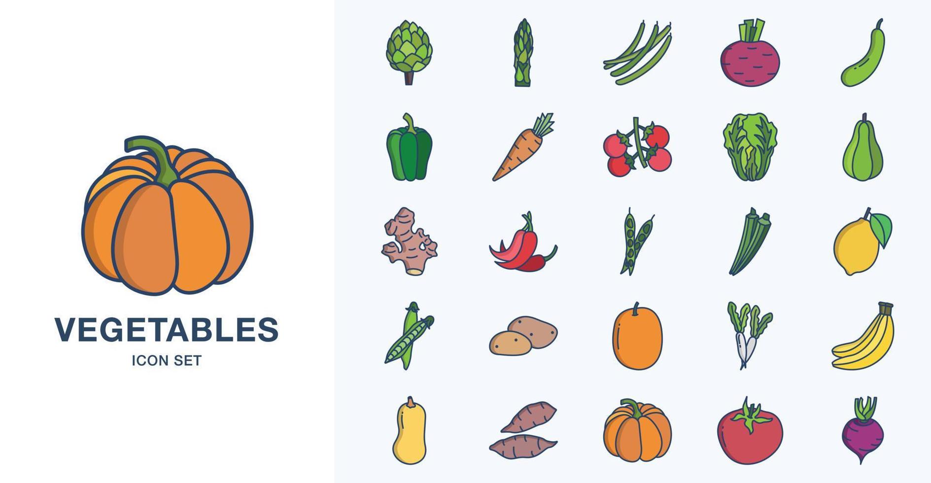 Fresh Vegetables linear coloured icon set vector