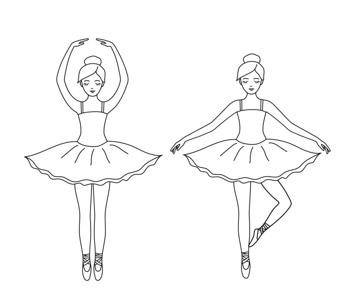 Coloring book or page for kids with ballerina. Outline black and white vector illustration. Cute dancing girl isolated on white background