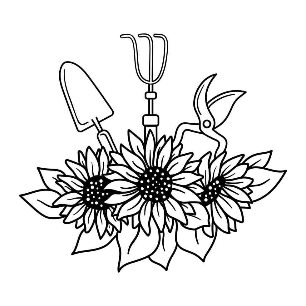 contorno vectorial herramienta de jardinería en blanco y negro y girasoles aislados en fondo blanco. logotipo de vector de línea para granjero o jardinero.