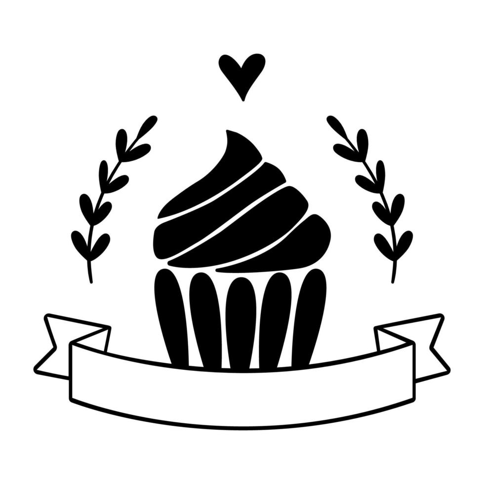 Monochrome bakery or store logo. Cupcake with banner and leaves. Vector hand drawn illustration in lineart style is isolated on white background.