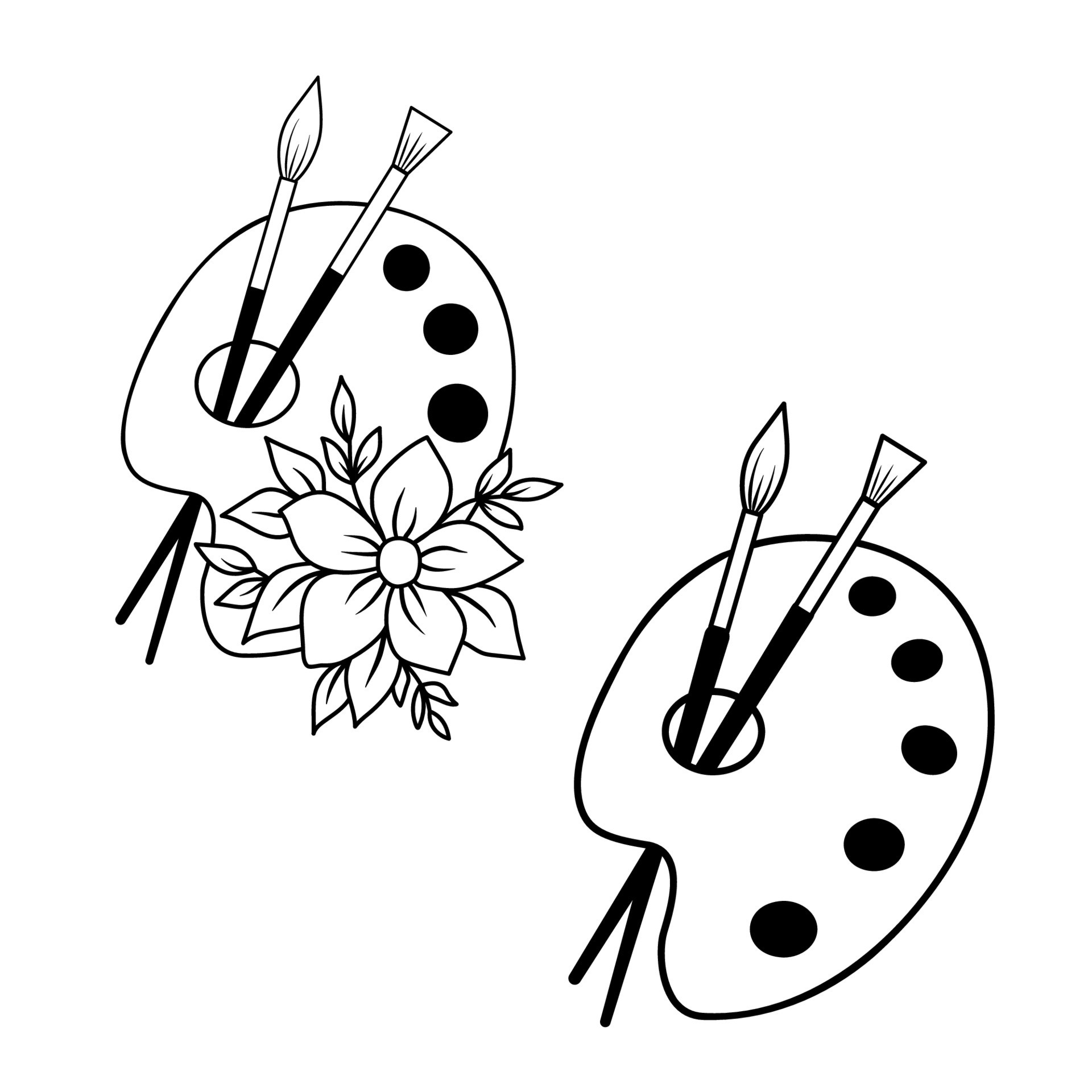 Palette outline icon with paints and brushes and flowers. Logo for the