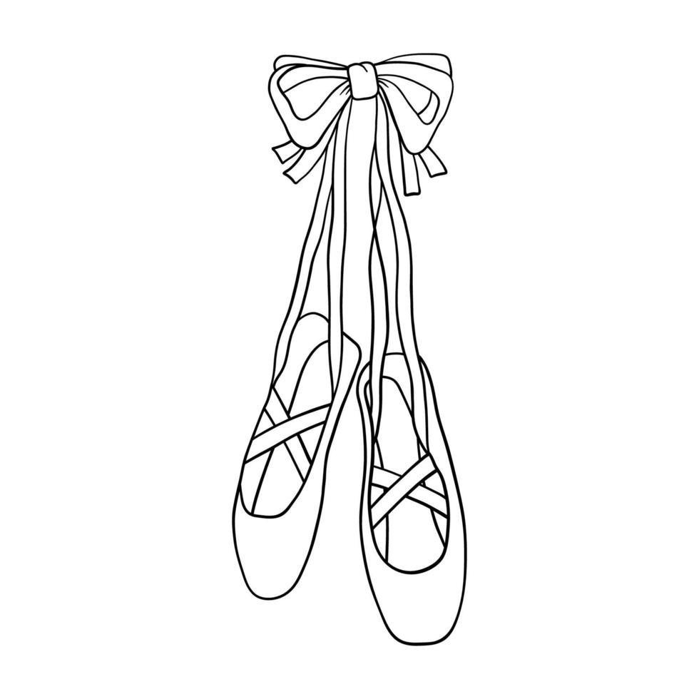 Ballerina pointe shoes hanging on bow. Outline black and white vector illustration isolated on white