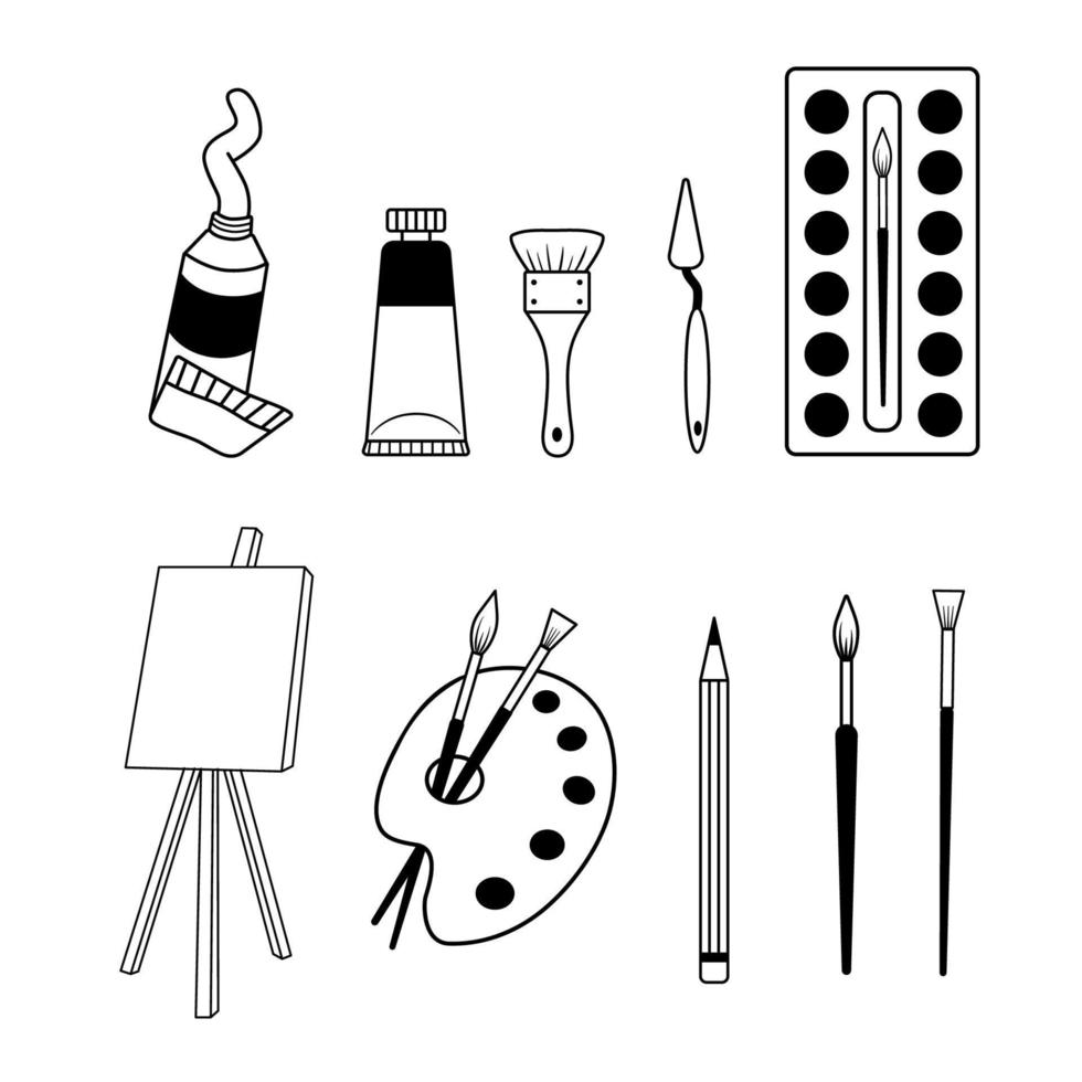 colección de suministros para artistas. conjunto de diferentes herramientas de arte pincel, caballete, espátula, lápiz. accesorios de pintor ilustración de contorno vectorial aislada sobre fondo blanco. vector