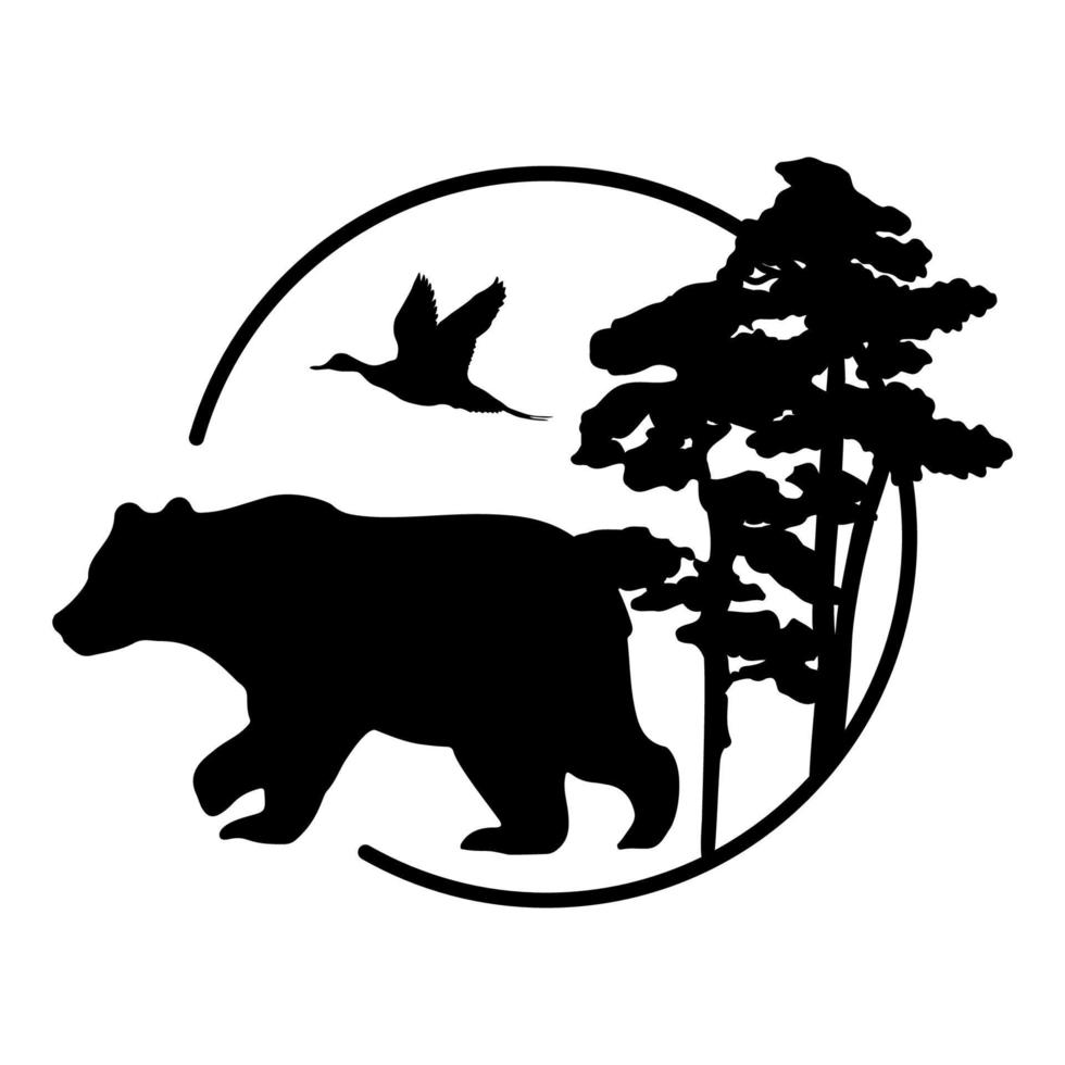 Black silhouette of bear among trees in circle. Vector illustration of pine tree and flying duck. Hunting logo or sign isolated on white background