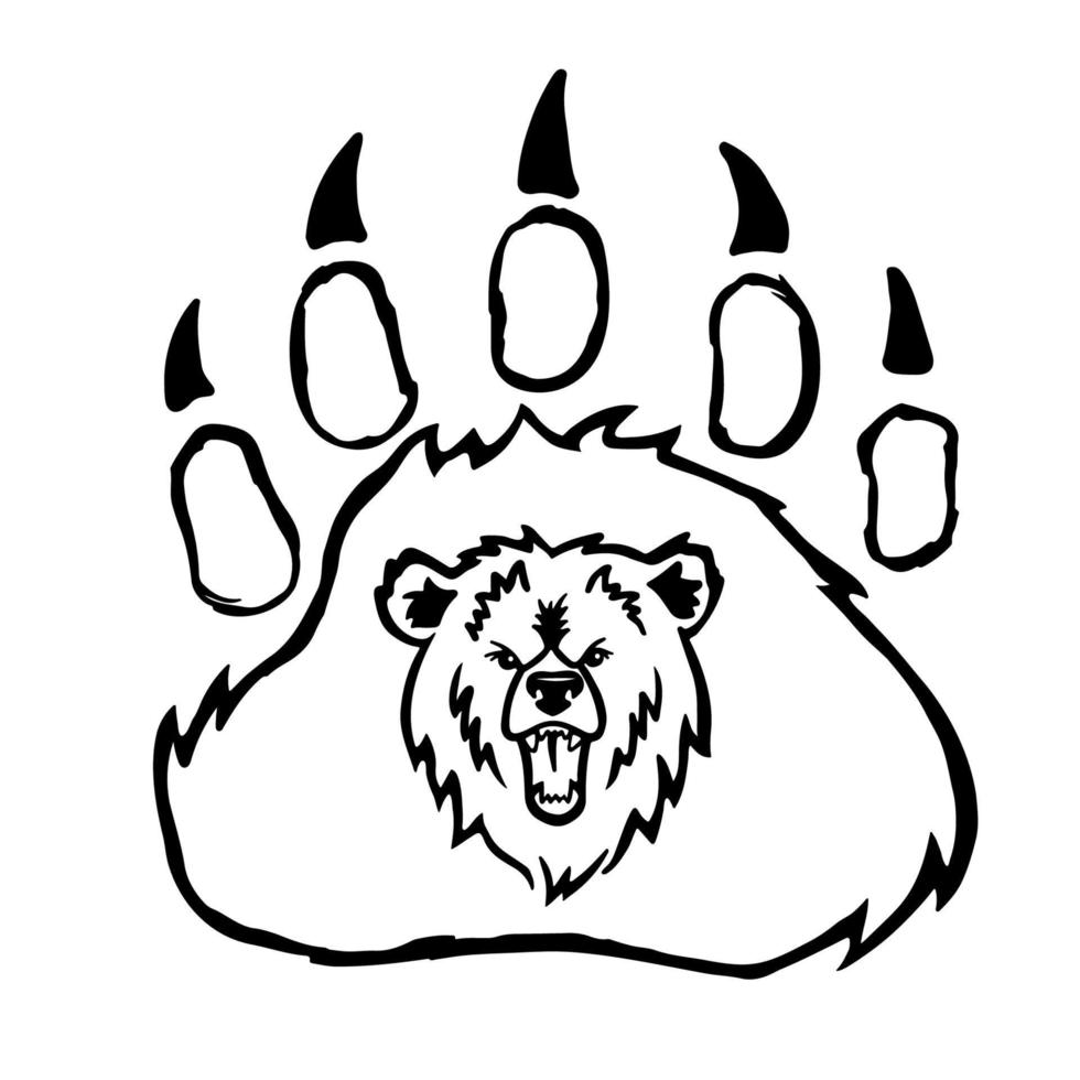 Angry grizzly bear growls and shows teeth. Black logo with big wild bear in paw.Vector illustration is isolated on white background. vector