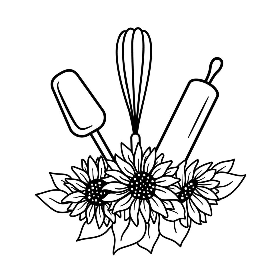 Bakery Label Design. Kitchen tools with sunflowers. Vector illustration - logo for baker or store