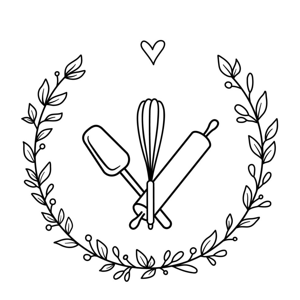 diseño de etiquetas de panadería. utensilios de cocina en una corona de flores y un corazón. ilustración vectorial - logotipo para panadero vector