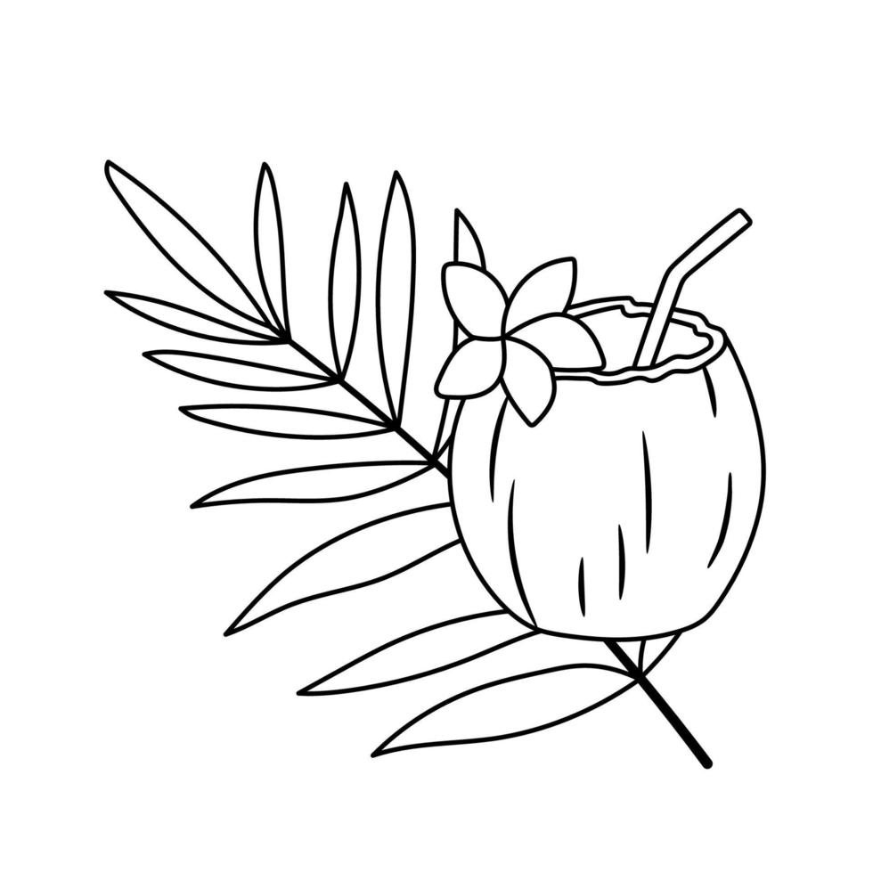 Coconut cocktail with straw, flower and palm leaf isolated on white background. Tropical drink in half of coconut vector outline illustration.