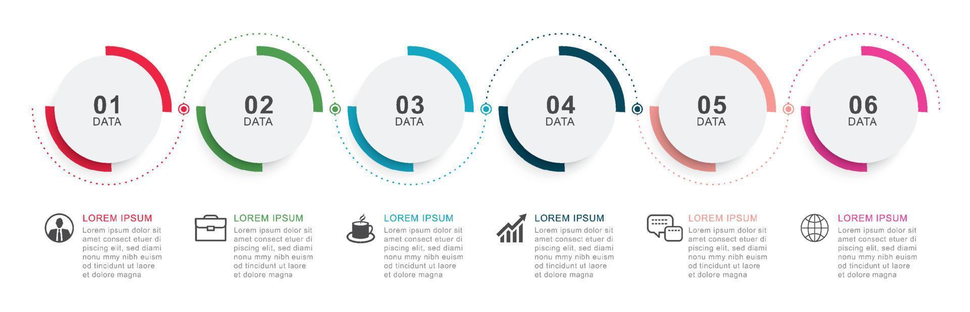 6 infographics circle timeline with number data template. Vector illustration abstract background.