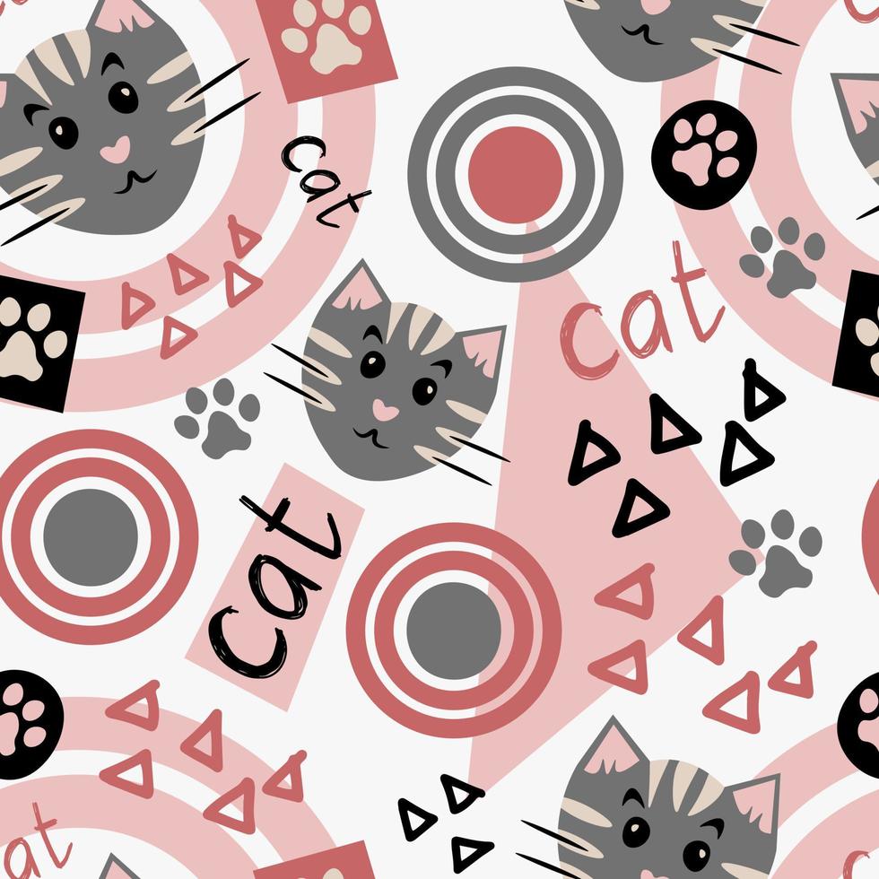 Cat pattern with doodles elements in cartoon style vector