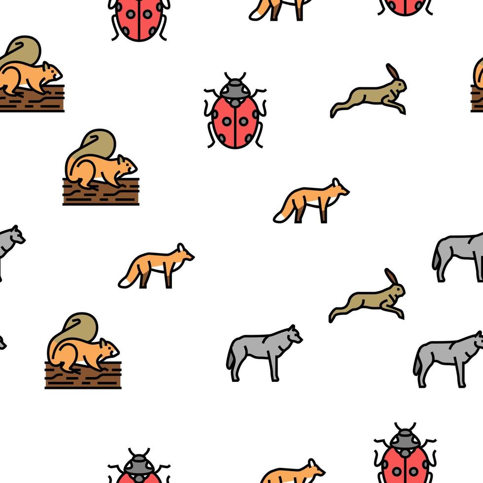 Wild Animals, Bugs And Birds Vector Seamless Pattern