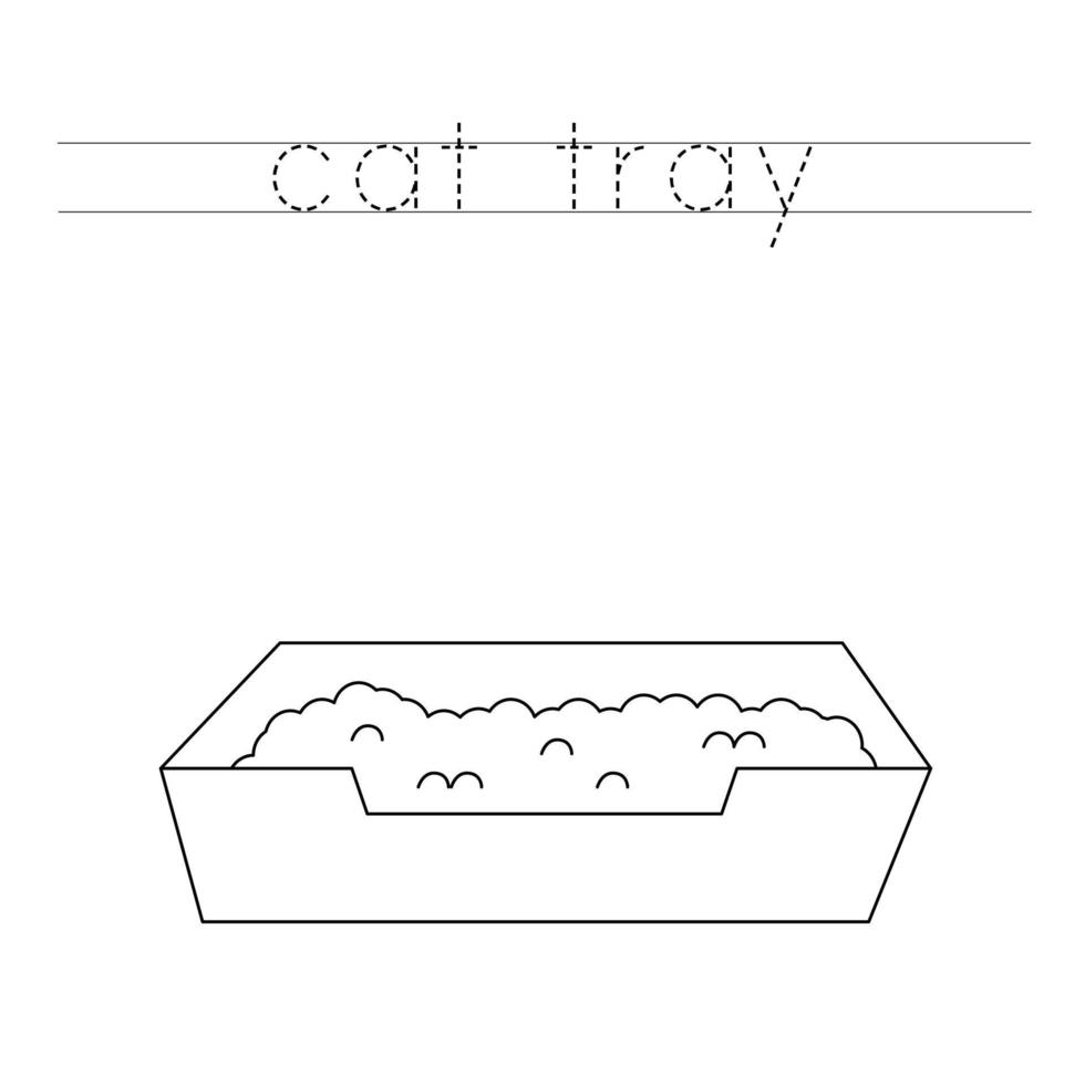 Trace the letters and color cat tray. Handwriting practice for kids. vector