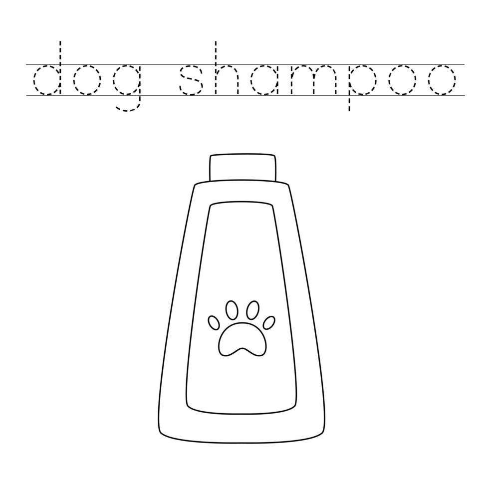 Trace the letters and color dog shampoo. Handwriting practice for kids. vector
