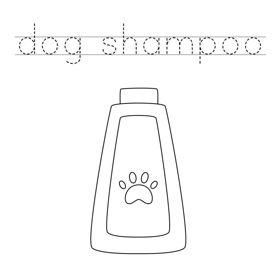 Trace the letters and color dog shampoo. Handwriting practice for kids. vector