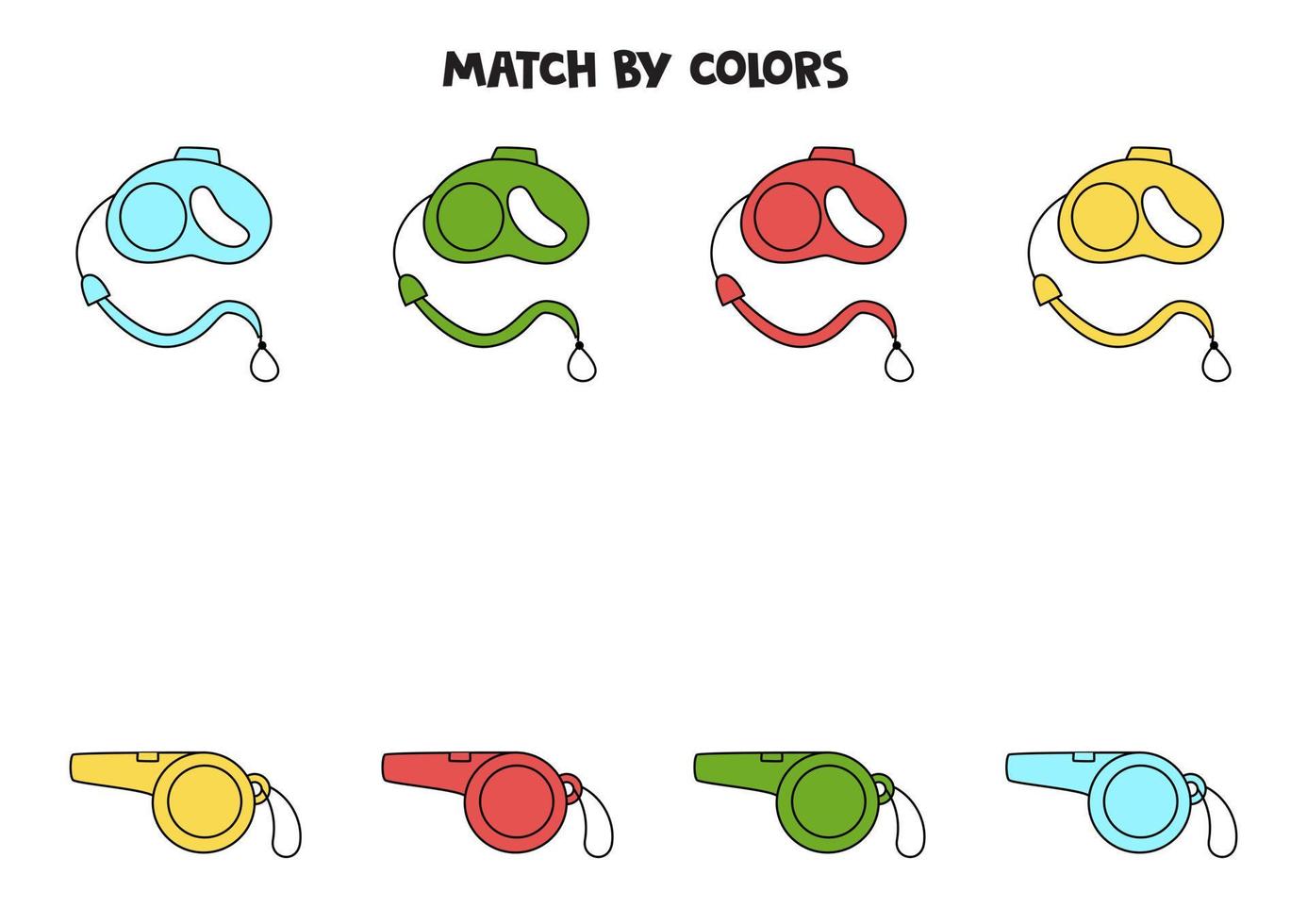 juego de combinación de colores para niños en edad preescolar. combina la correa y el silbato por colores. vector
