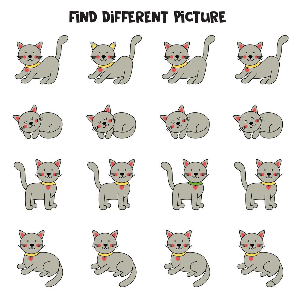 Find gray cat which is different from others. Worksheet for kids. vector