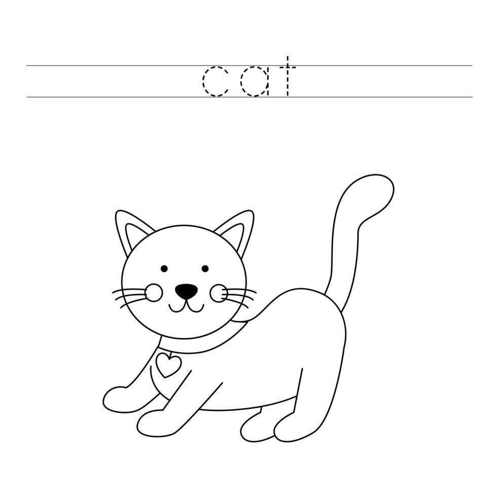 Trace the letters and color cat. Handwriting practice for kids. vector