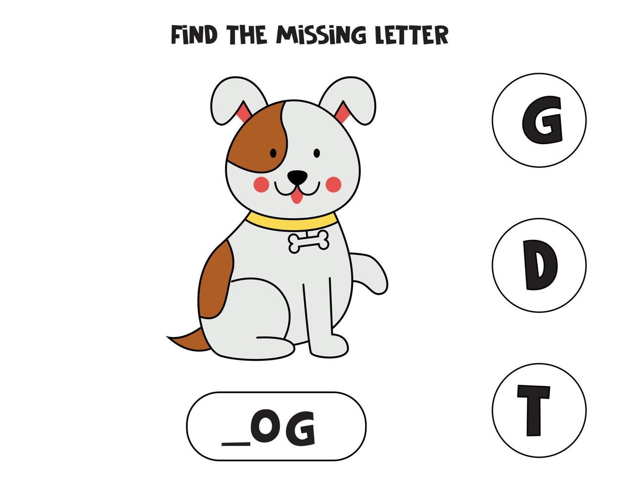 Find missing letter with cute dog. English language. vector