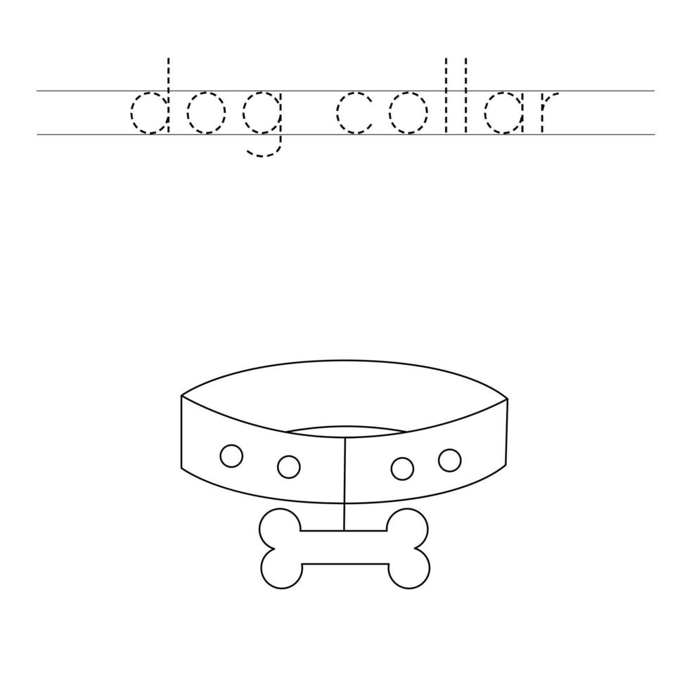 Traza las letras y colorea el collar de perro. práctica de escritura a mano para niños. vector