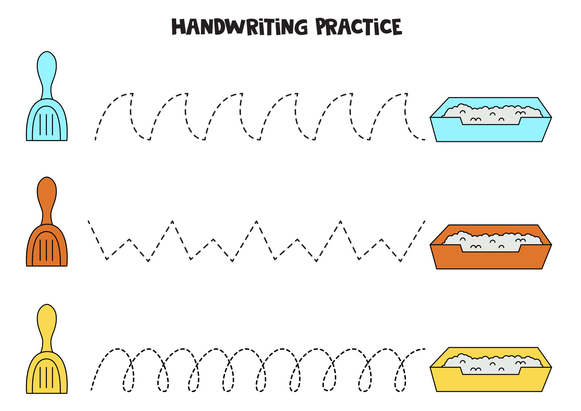 Tracing lines for kids. Cat trays and shovels. Writing practice