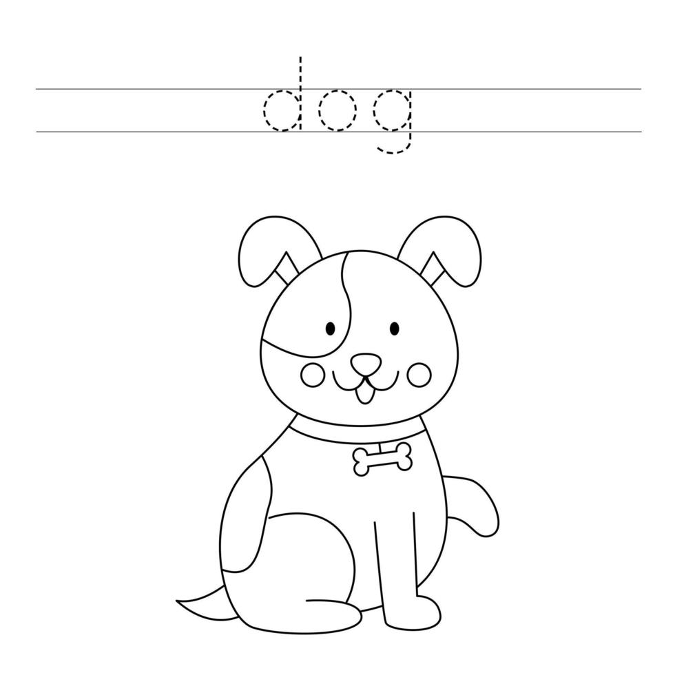 Trace the letters and color dog. Handwriting practice for kids. vector