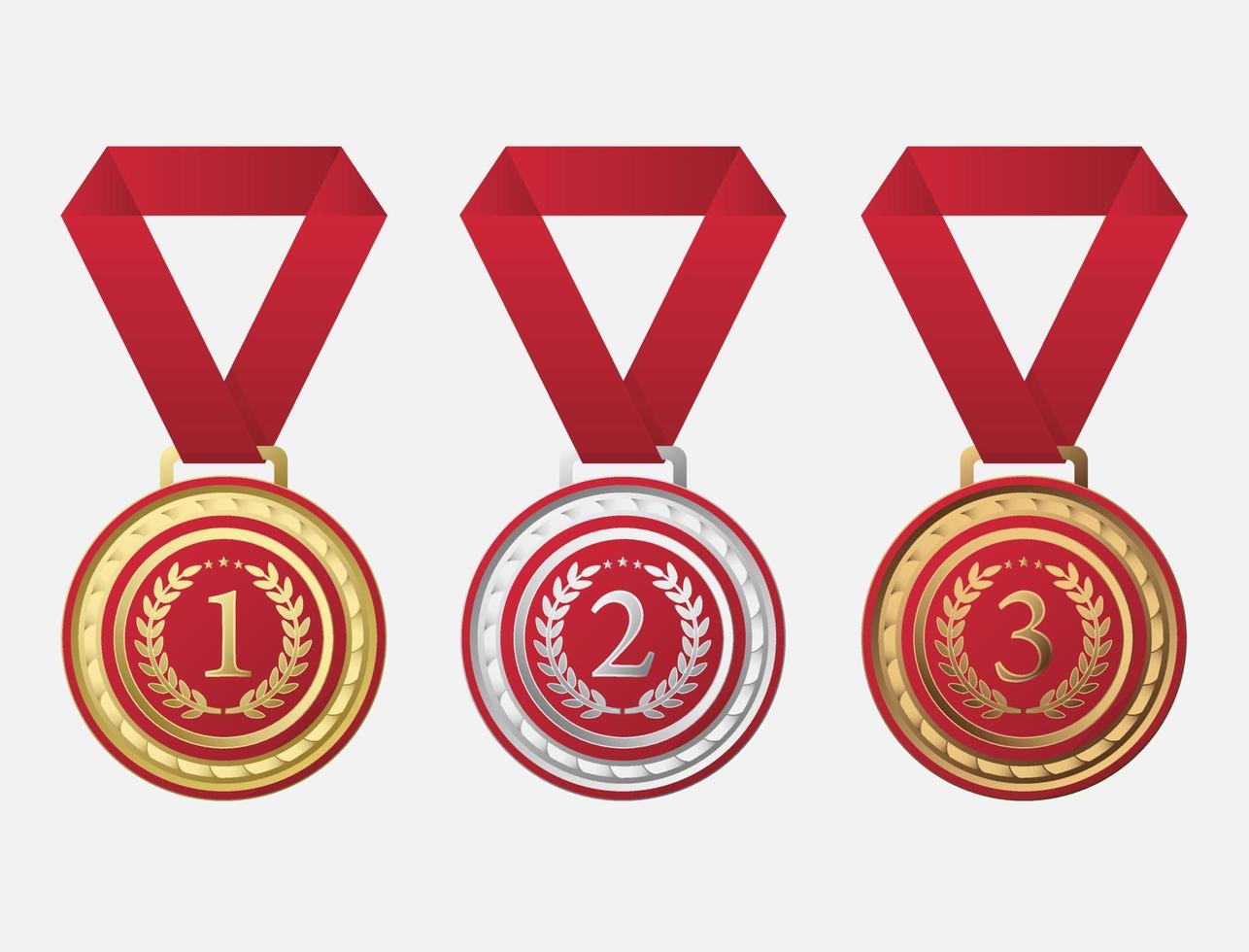 First, second and third level champion medals with red ribbons vector