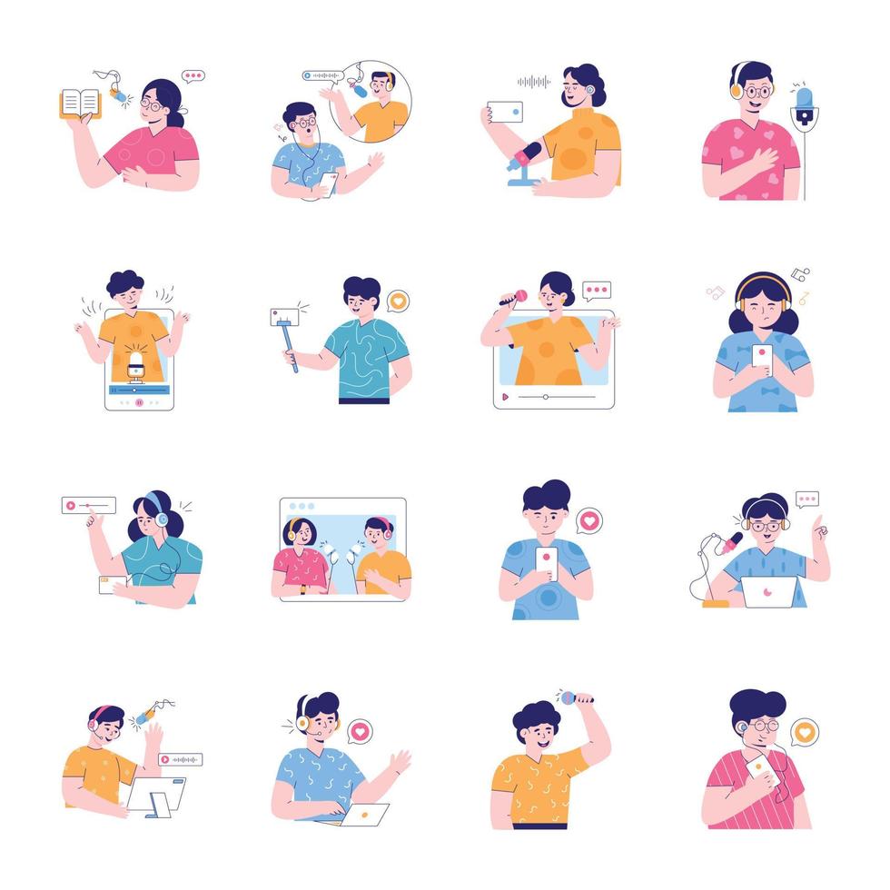 Pack of Podcast Show Flat Illustrations vector