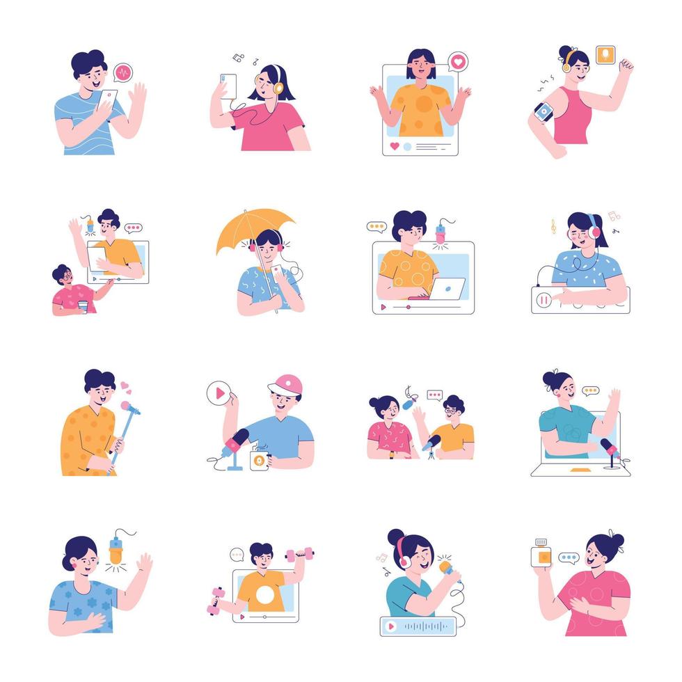 Collection of Podcast Recordings Flat Illustrations vector