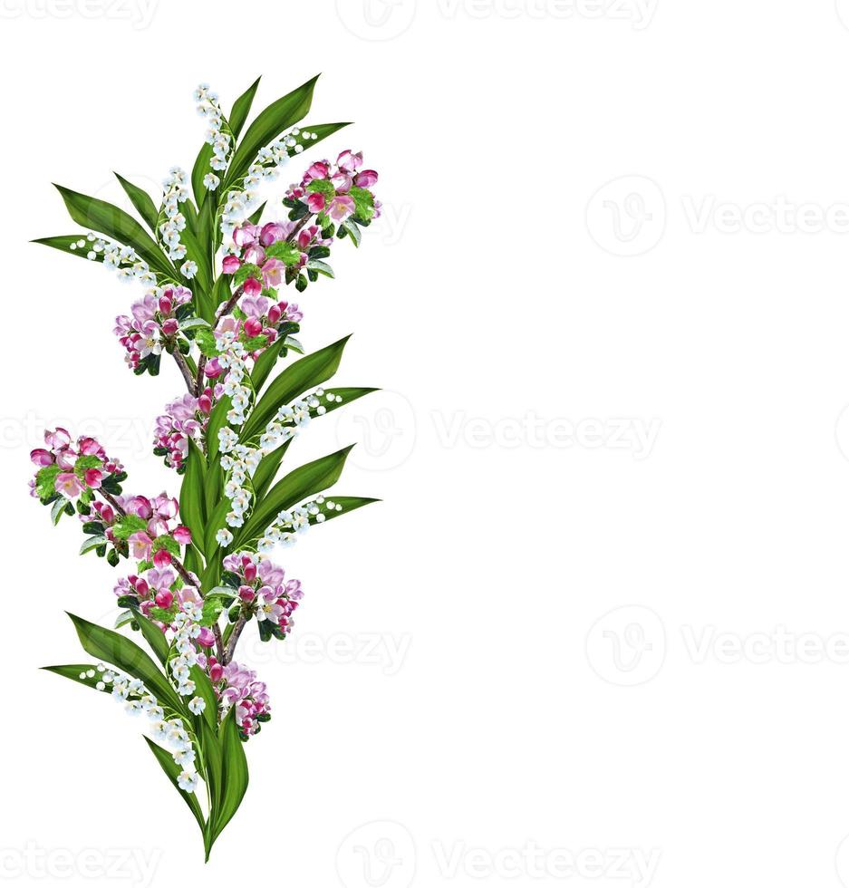 flowering plum and lily of the valley isolated on white background photo