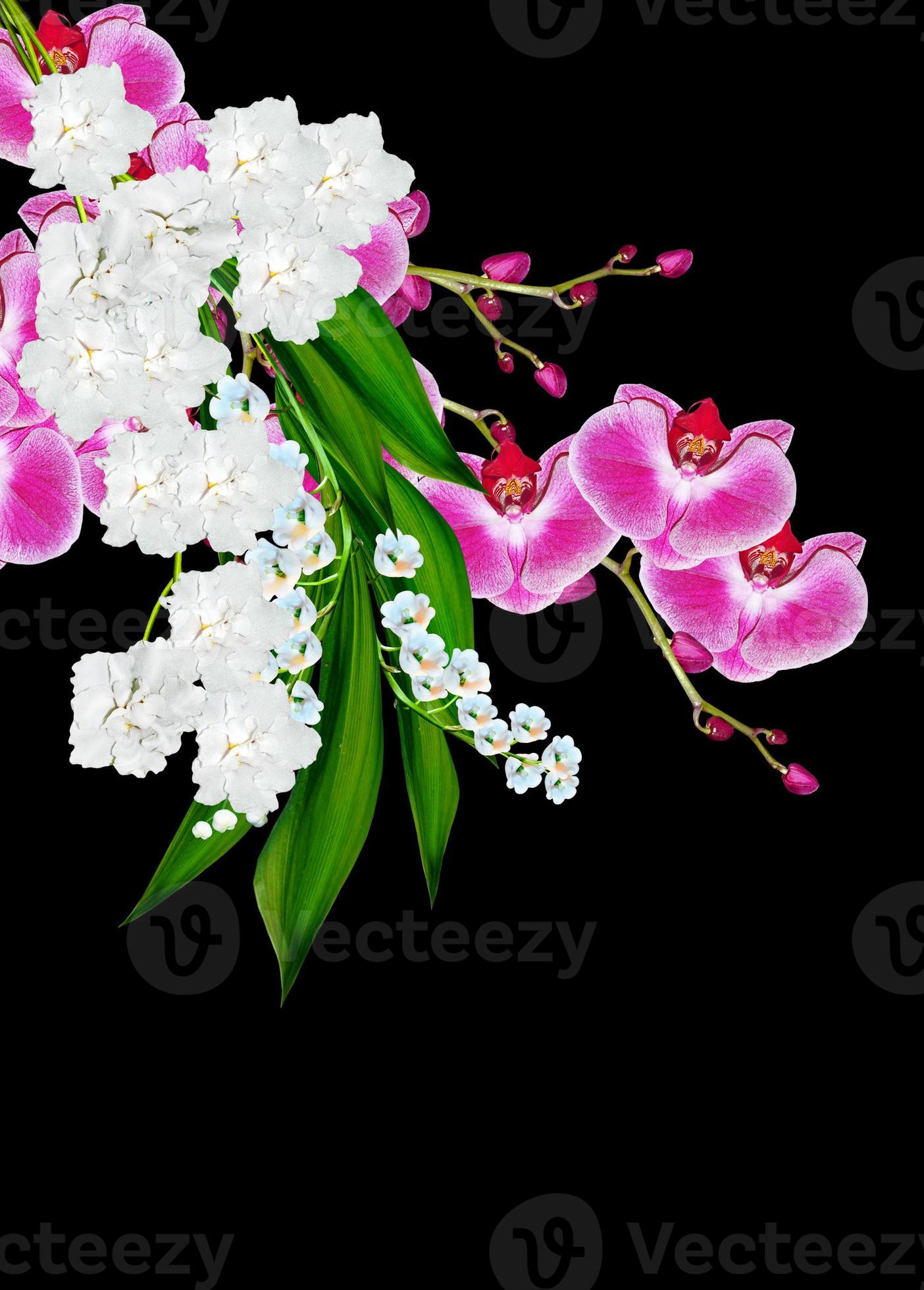 Flowers orchids and lilies of the valley isolated on a black background
