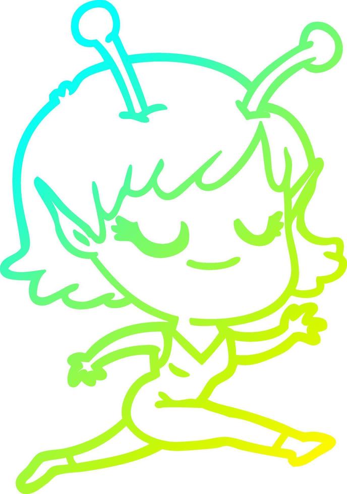 cold gradient line drawing smiling alien girl cartoon running vector