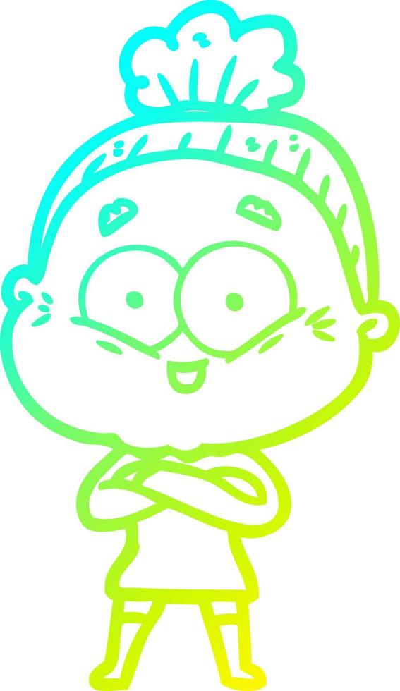 cold gradient line drawing cartoon happy old woman vector