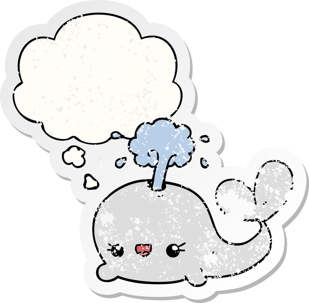 cute cartoon whale and thought bubble as a distressed worn sticker vector