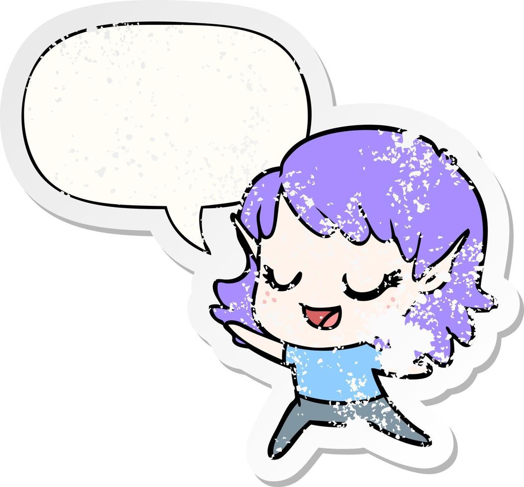 carton happy elf girl dancing and speech bubble distressed sticker vector