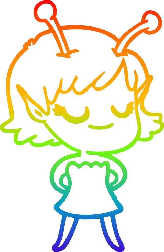 rainbow gradient line drawing smiling alien girl cartoon vector