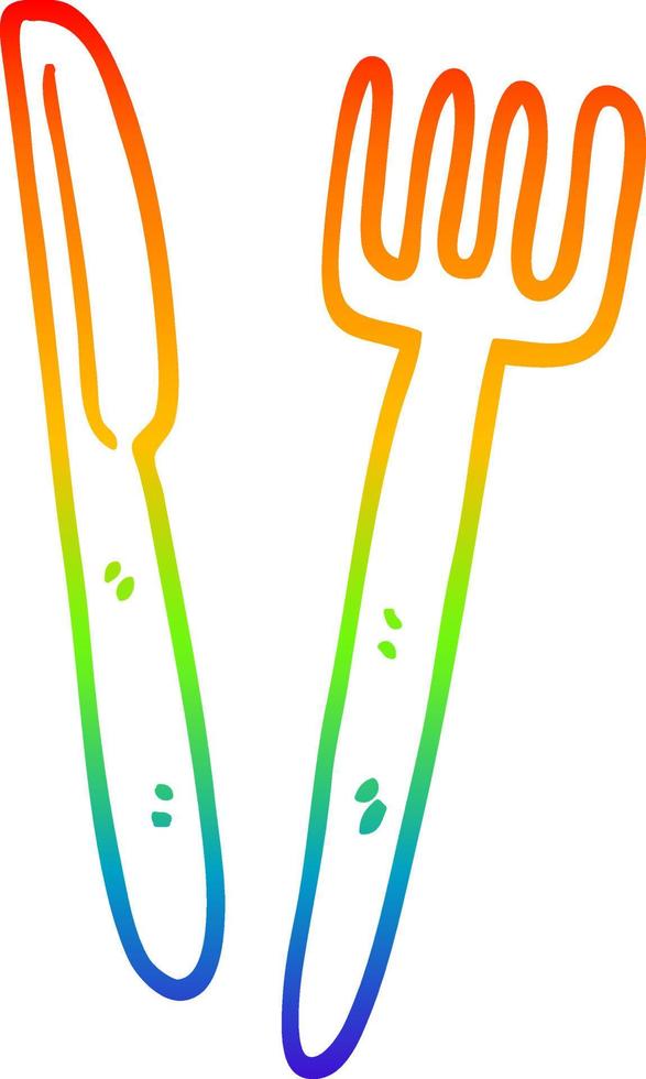 rainbow gradient line drawing cartoon knife and fork vector