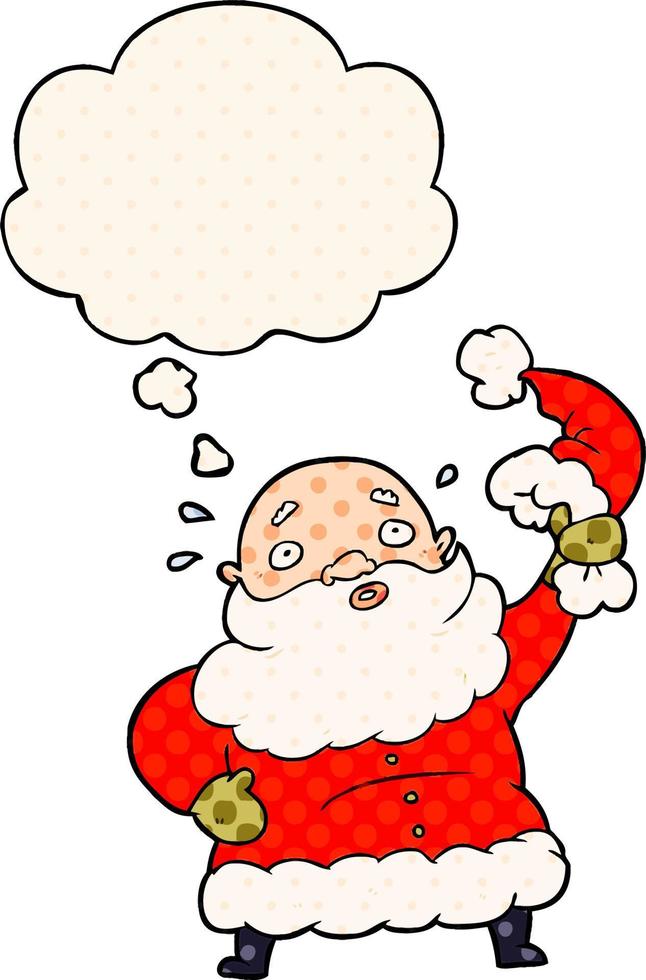 cartoon santa claus waving hat and thought bubble in comic book style vector