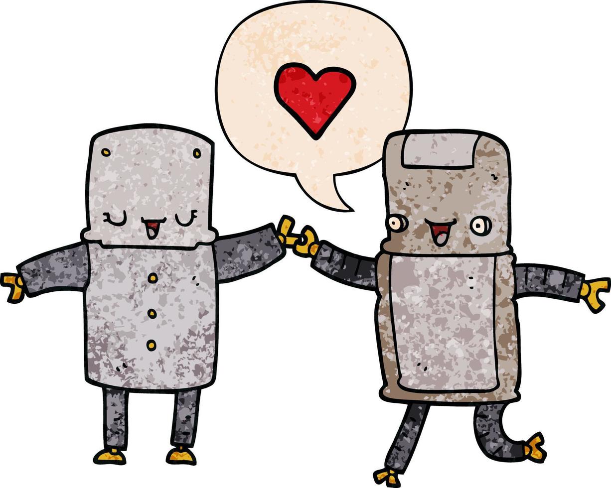 cartoon robots in love and speech bubble in retro texture style vector