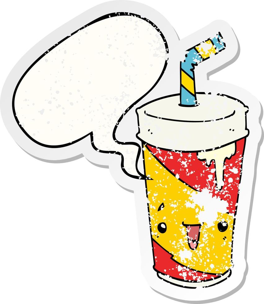 cartoon soda cup and speech bubble distressed sticker vector