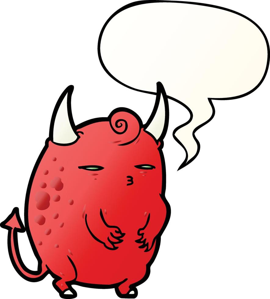 cartoon fat little halloween devil and speech bubble in smooth gradient style vector