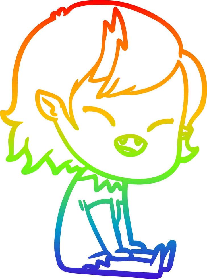 rainbow gradient line drawing cartoon laughing vampire girl sitting vector