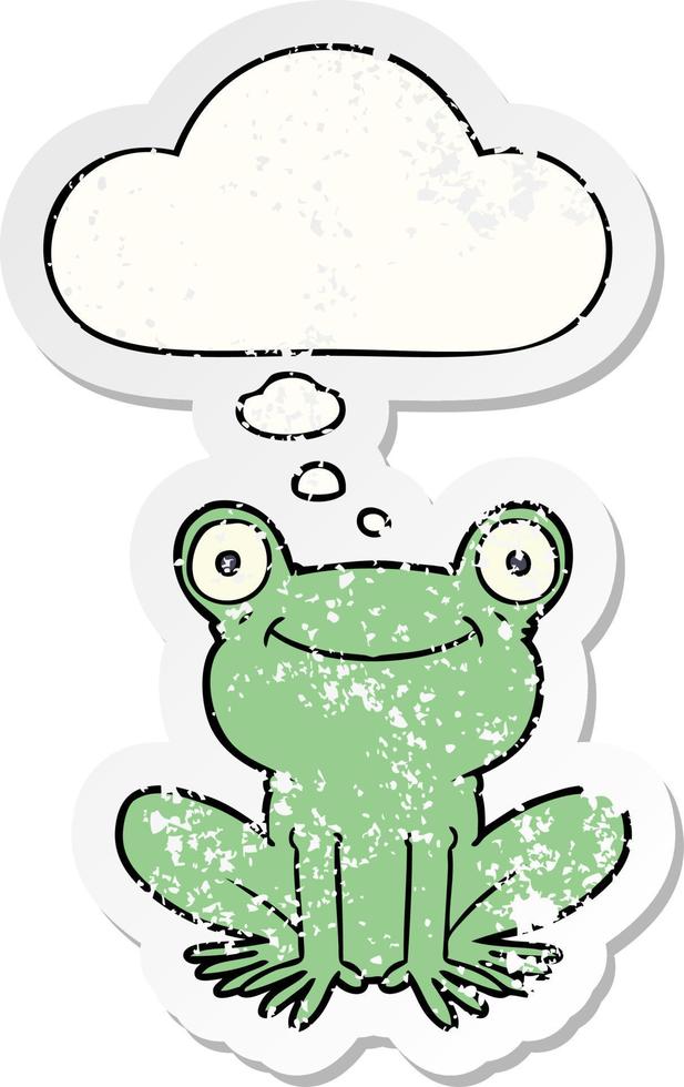 cartoon frog and thought bubble as a distressed worn sticker vector