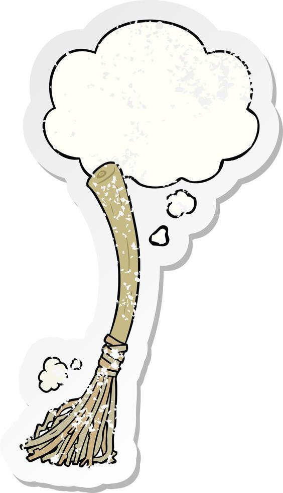 cartoon magic broom and thought bubble as a distressed worn sticker vector