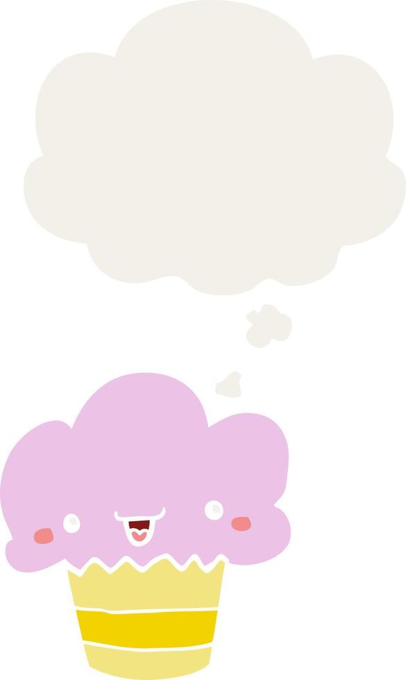 cartoon cupcake with face and thought bubble in retro style vector