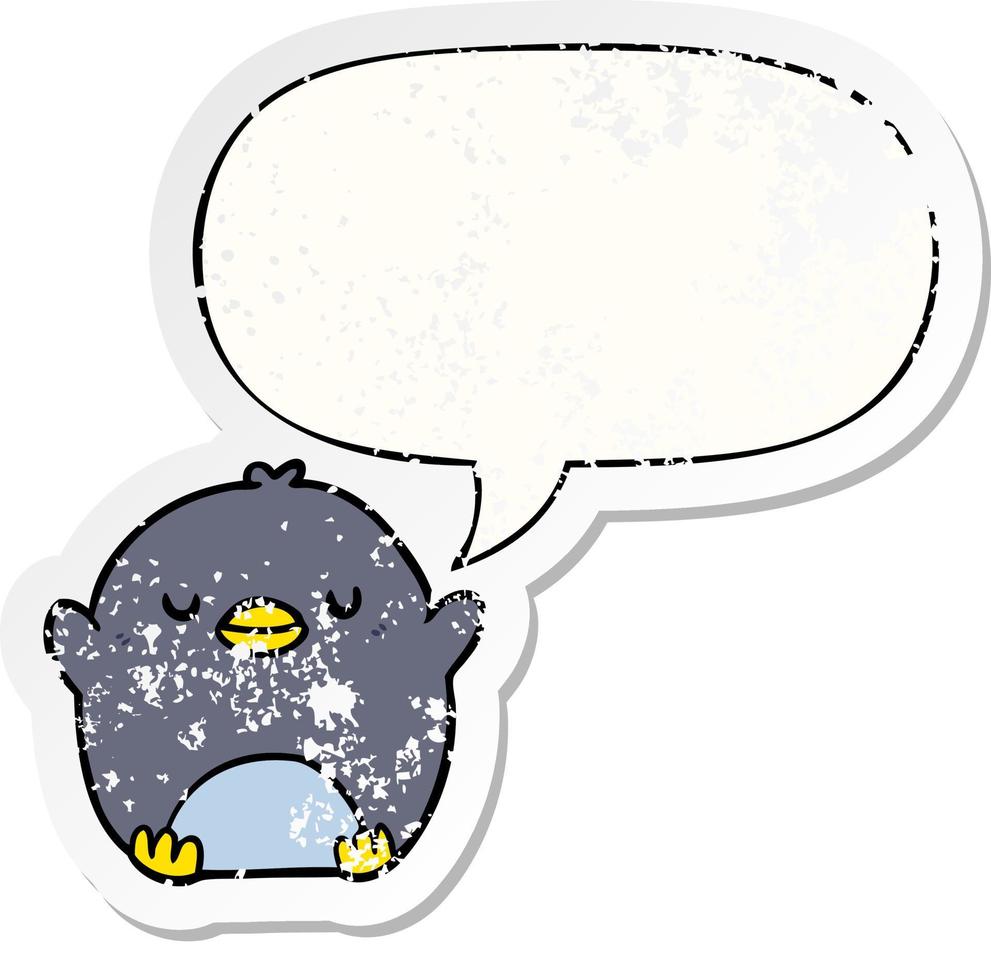 cute cartoon penguin and speech bubble distressed sticker vector